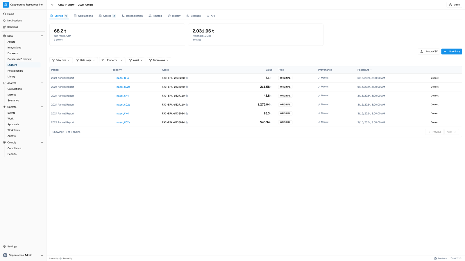 SensorUp product screen: ledger entries backing a GHG inventory figure
